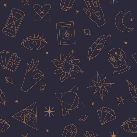 Esoteric seamless pattern. Magic icons minimalistic symbols, planets, hands and crystals, cards and eyes. Hand drawn dark linear vector illustrationのイラスト素材