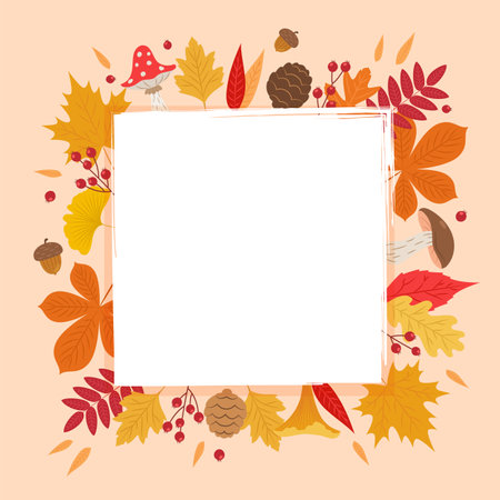 Autumn leaves frame, square shape with different kind of leaves around, copy space. Cute vector illustration in flat cartoon style, banner templateのイラスト素材