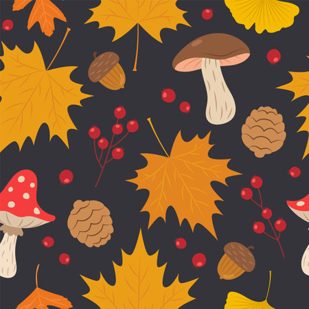 Autumn pattern with cute leaves, berries and mushrooms. Seamless background, vector illustration in flat cartoon styleのイラスト素材