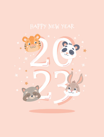 Happy new year, 2023 festive card template with cute animals. Vector llustration in flat styleのイラスト素材
