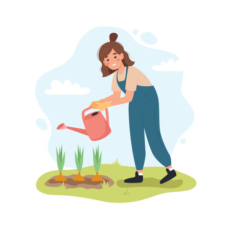 Woman with watering can. Female gardener watering plants in spring. Cute vector illustartion in flat cartoon styleのイラスト素材