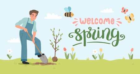 Man digging up ground with shovel to plant a tree. Male working in garden. Banner with lettering, vector illustartion in flat cartoon styleのイラスト素材