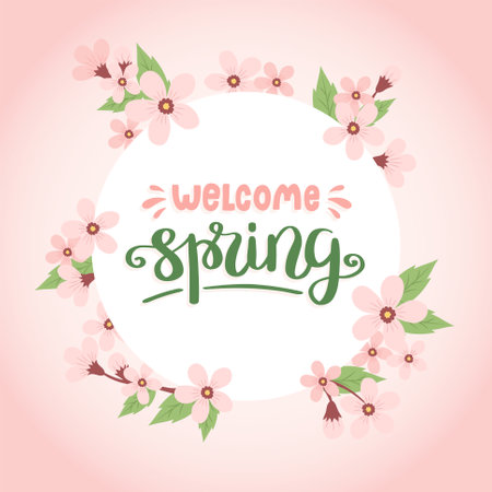Welcome spring, lettering with cherry blossom frame. Spring vector illustration in a circular shape, card designのイラスト素材
