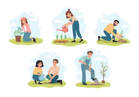 People gardening in spring. Men and women planting, watering and taking care of plants. Vector illustartion set in flat cartoon styleのイラスト素材