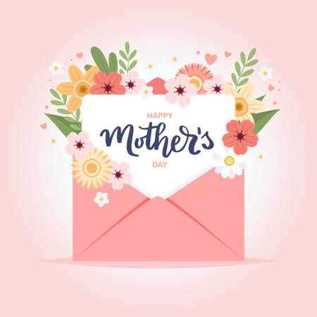 Happy mother s day card. Envelope with flowers and hand drawn lettering. Greeting card template, cute vector illustrationのイラスト素材