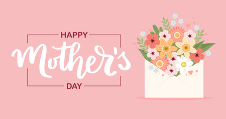 Happy mother s day card. Envelope with flowers and hand drawn lettering. Greeting card template, cute vector illustrationのイラスト素材