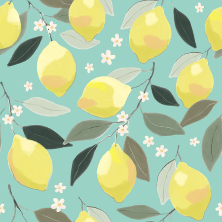 Lemon floral pattern. Hand drawn tree branch with ripe lemons and leaves and flowers on teal background. Vector illustrationのイラスト素材