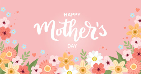 Mother s day banner with flowers, greeting card template, vector illustration with hand drawn letteringのイラスト素材