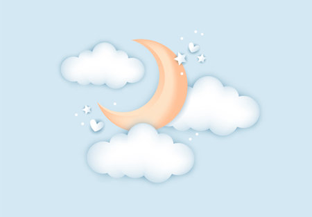 3d baby shower, moon with clouds for kids design in pastel colors. Cute vector illustration in realistic style.のイラスト素材
