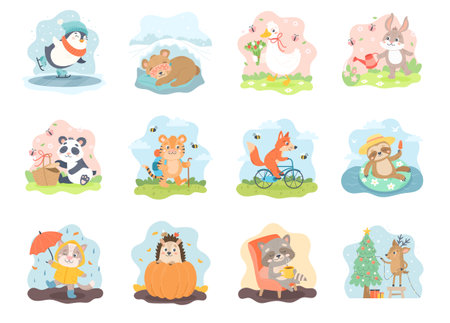 Cute animals in different seasonal scenes. Set for calendar or cards, cute animals, hand drawn vector illustrations collectionのイラスト素材