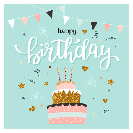 Happy birthday card with cake and calligraphy. Cute and elegant vector illustration template in...