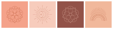 Linear bohemian logo, set of boho icons - mandala, sun and rainbow, abstract design elements for...