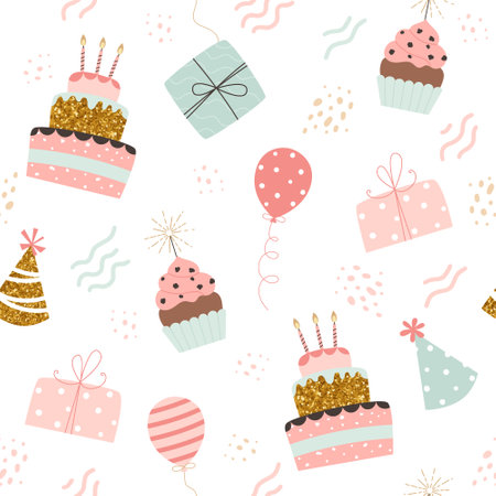 Happy birthday pattern. Cakes, balloons, gifts and party hats. Festive background in simple style, vector illustrationのイラスト素材
