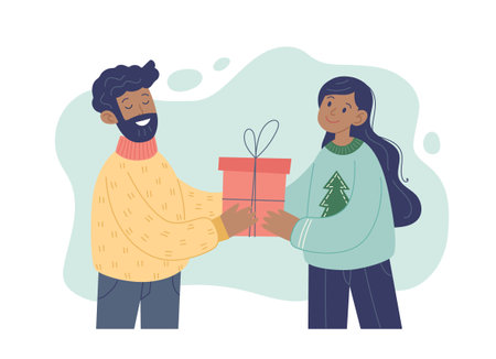 Christmas presents concept. Black woman giving a present to a man. Vector illustration in simple styleのイラスト素材