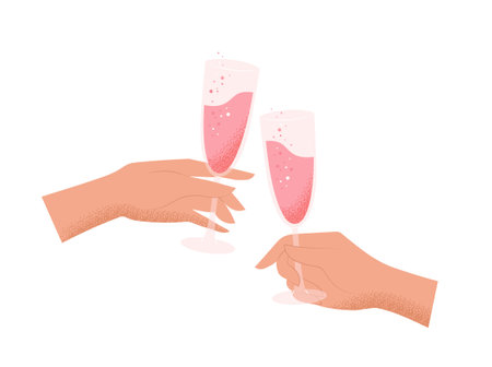 Hands with champagne glasses toast, St. Valentine s day concept. Vector illustration in simple modern styleのイラスト素材