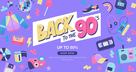 90s banner. Bright multicolour hand drawn lettering and elements. Vector illustration in trendy flat styleのイラスト素材
