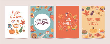 Autumn covers or cards set. Hand drawn calligraphy and cute seasonal elements. Vector illustration templatesのイラスト素材