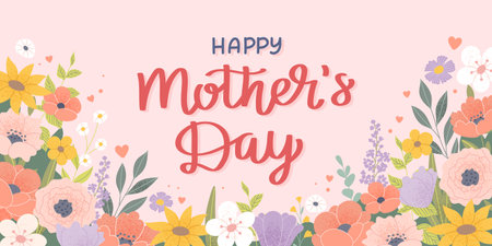 Happy mothers day floral greeting card. Vector banner template with flowers and letteringのイラスト素材