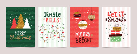 Christmas card set with decorations and calligraphy. Minimalist simple festive vector design templatesのイラスト素材