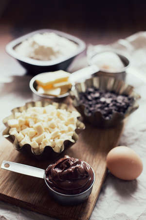Food ingredients for nutella chocolate chip cookies.の写真素材