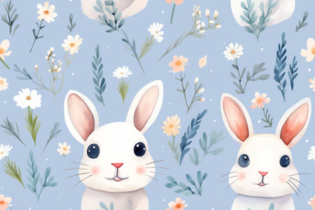Vivid Watercolor Rabbit Amidst Floralsの素材