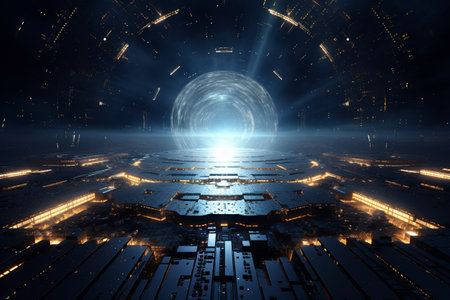Futuristic technological background with a glowing portal. 3d renderingの素材