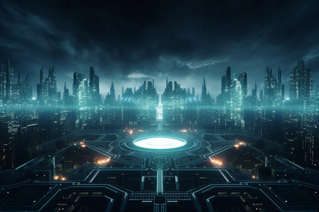 Futuristic city at night with neon lights, 3d renderingの素材