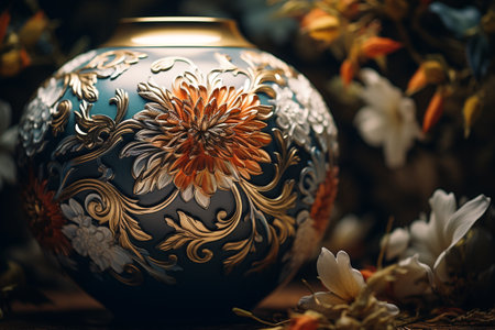 Vintage decorative vase with floral ornament on wooden background. Selective focus.の素材