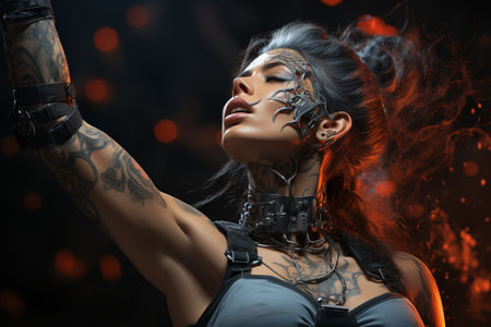 Portrait of a beautiful steampunk girl with tattoos on her arms. Fantasy style.の素材