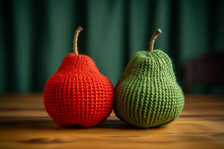 Handmade knitted pears on a wooden table and green backgroundの素材