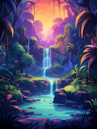 Fantasy forest with waterfall and tropical plants. Vector illustration in cartoon styleの素材