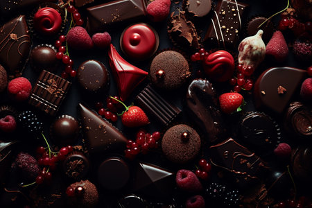 Chocolate candies, berries and berries on dark background. Toned.の素材