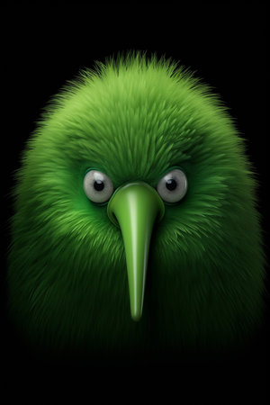 Cute green bird isolated on black background. 3D rendering.の素材