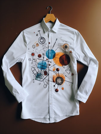 White men's shirt with a drawing on a hanger, on a brown backgroundの素材