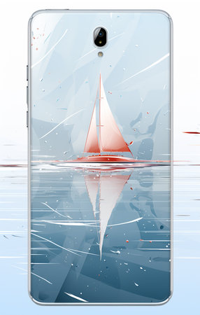 illustration of mobile phone with a boat on the water background.の素材