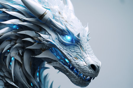 Dragon head with blue light. 3D illustration. 3d renderingの素材