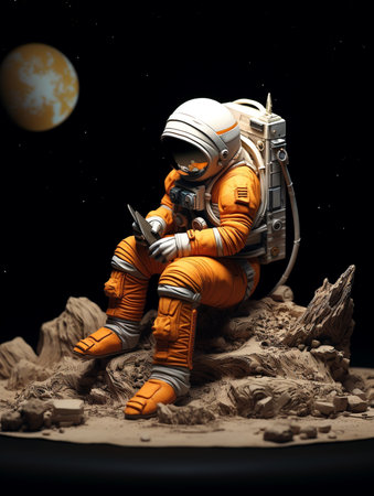 Astronaut sitting on the planet in outer space. 3D illustration.の素材