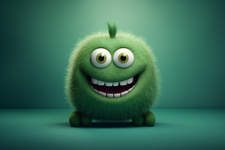 Funny green monster with big eyes on green background. 3D renderingの素材
