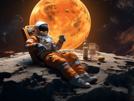 Astronaut sitting on the moon and drinking coffee. Mixed mediaの素材