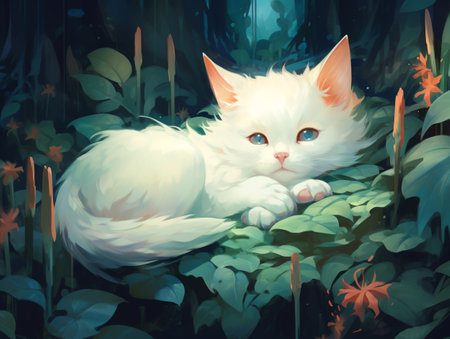 White cat in the forest. Digital painting of a white cat.の素材
