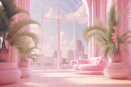 Pink interior with a large window overlooking the city. 3d renderingの素材