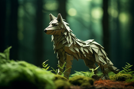 Wooden wolf figure in the forest. 3d render illustration.の素材