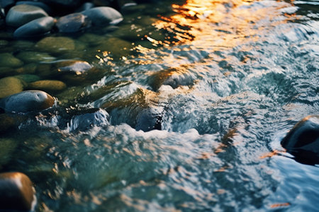 Visualize a close-up shot of a river its flowing wateの素材