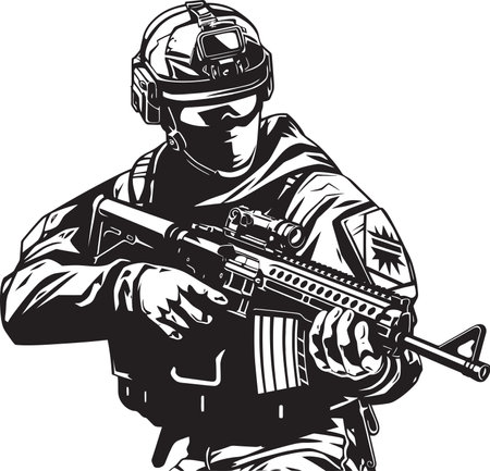 Vigilance in Defense A Military Man Prepared with His Assault Rifleのイラスト素材
