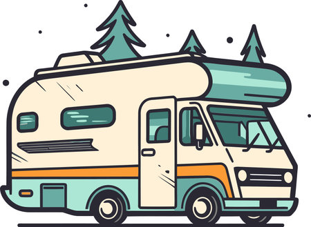 Retro Camper Van Driving Through Countryside Vector Drawingのイラスト素材