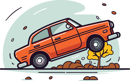 Professional Vector Illustration of a Car Crash on a Narrow Bridge with Guardrailsのイラスト素材