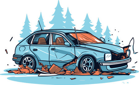 High-Quality Vector Illustration Depicting a Head-On Collision on a Winding Roadのイラスト素材