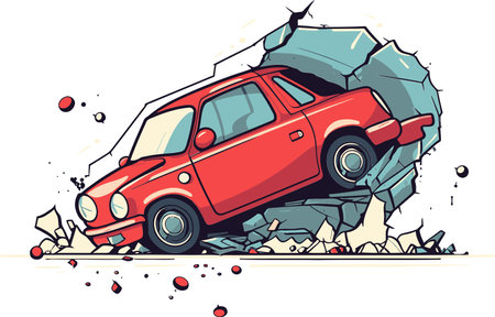 Detailed Vector Art Showing a Car Accident on a Mountain Pass with Falling Rocksのイラスト素材