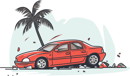 Detailed Vector Illustration of a Car Accident at a Construction Zoneのイラスト素材