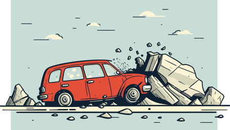 Realistic Vector Drawing of a Car Accident Involving a Fallen Treeのイラスト素材
